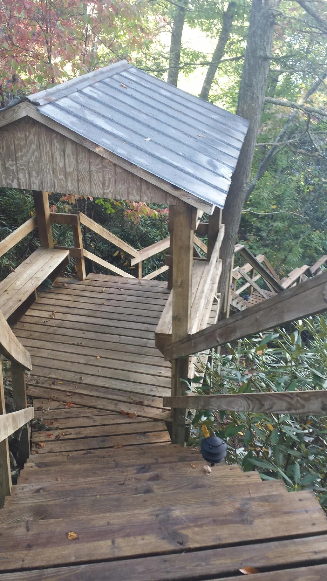 Metal roofed shelter over wooden steps on a wooded walkway — Skylight Repair & Installation work by our crew in Port Gibson